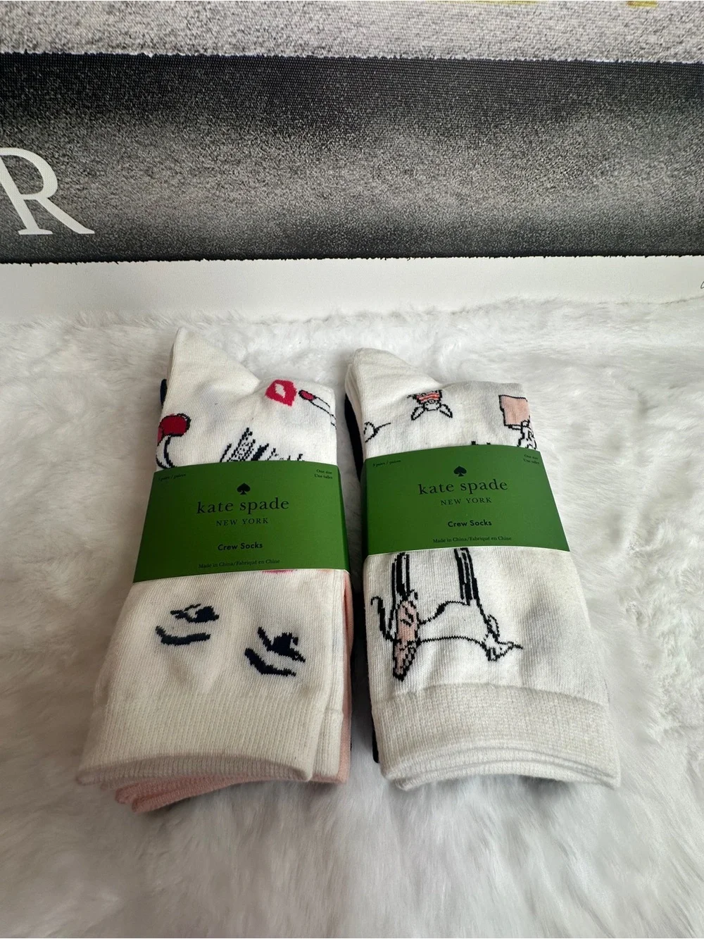 kate spade White Crew Socks with Red Lip and Navy Floral Motifs